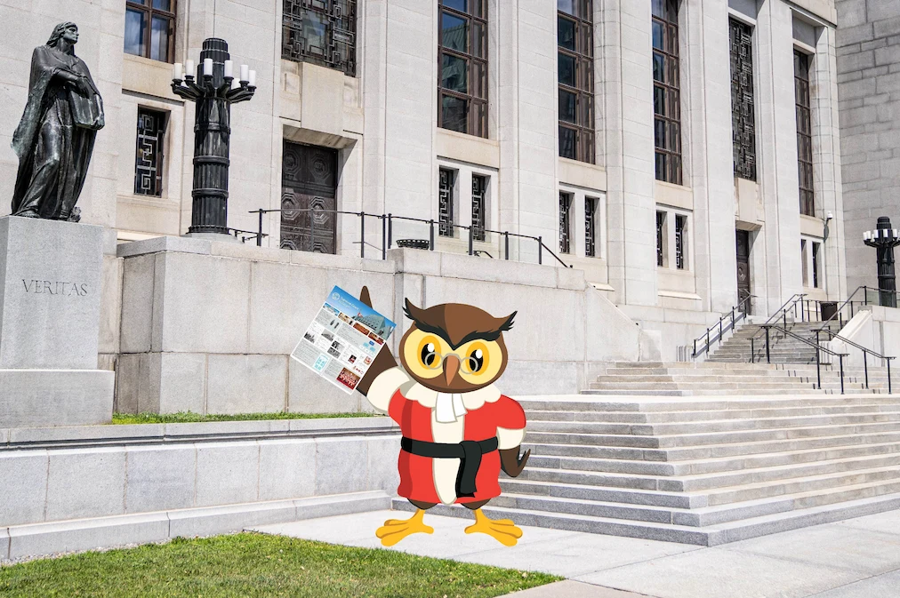 Amicus holding the English version of the educational poster in front of the Supreme Court building.