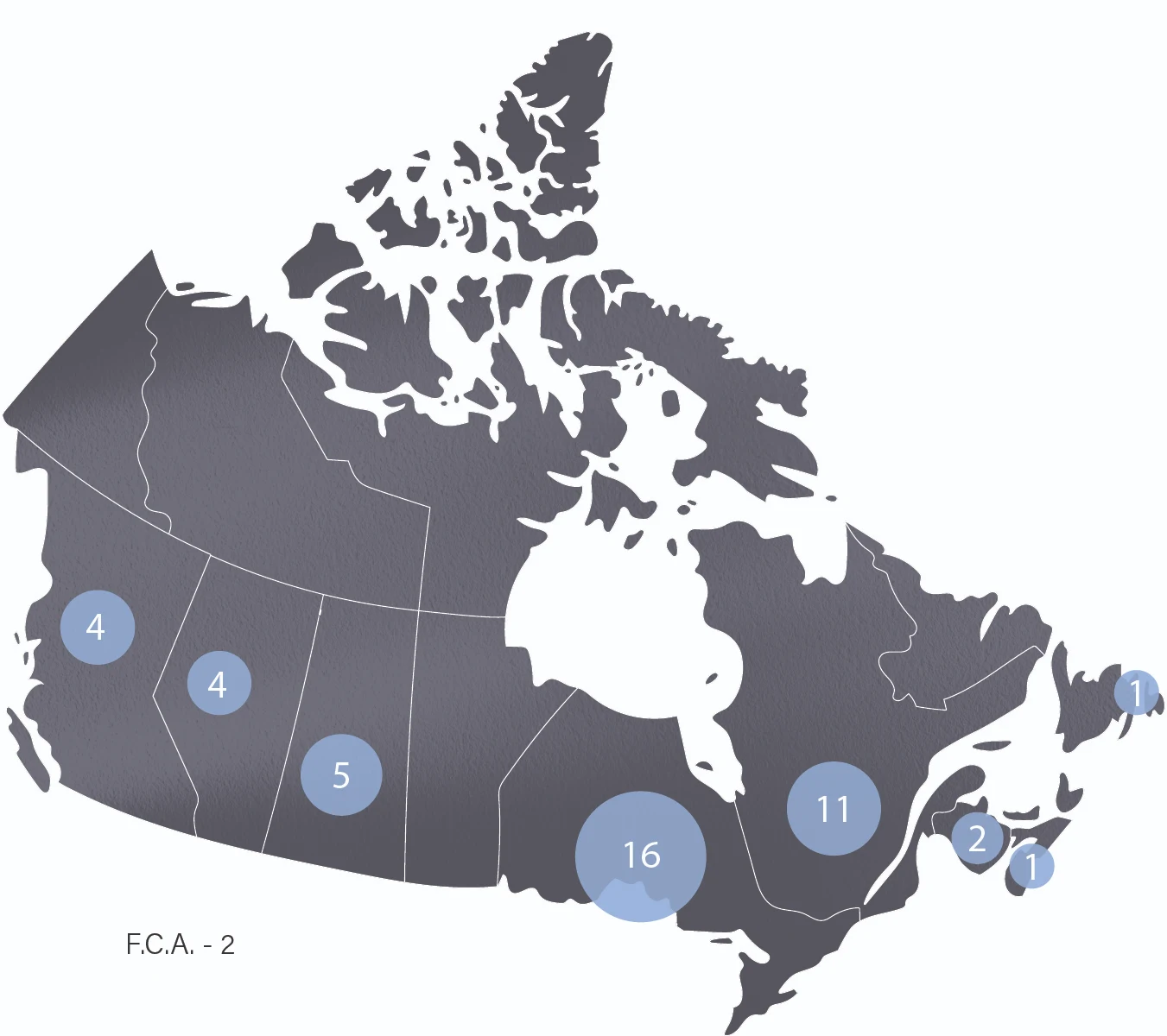A map of Canada labelled with the number of appeals decided from each province and territory, and from federal courts. Y.T.: 0, N.W.T.: 0, NVT.: 0, B.C.: 4, ALTA.: 4, SASK.: 5, MAN.: 0, ONT.: 16, QUE.: 11, N.B.: 2, P.E.I.: 0, N.S.: 1, N.L.: 1, F.C.A.: 2, C.M.A.C: 0.