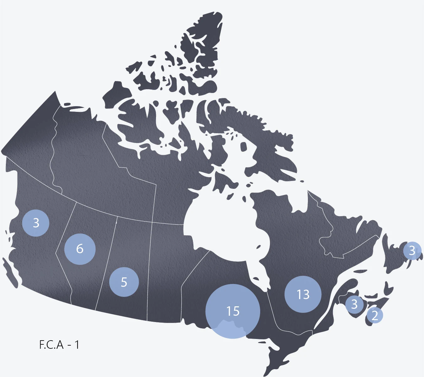 A map of Canada labelled with the number of appeals heard from each province and territory, and from federal courts. Y.T.: 0, N.W.T.: 0, NVT.: 0, B.C.: 3, ALTA.: 6, SASK.: 5, MAN.: 0; ONT.: 15; QUE.: 13; N.B.: 3; P.E.I.: 0; N.S.: 2; N.L.: 3; F.C.A.: 1; C.M.A.C: 0.