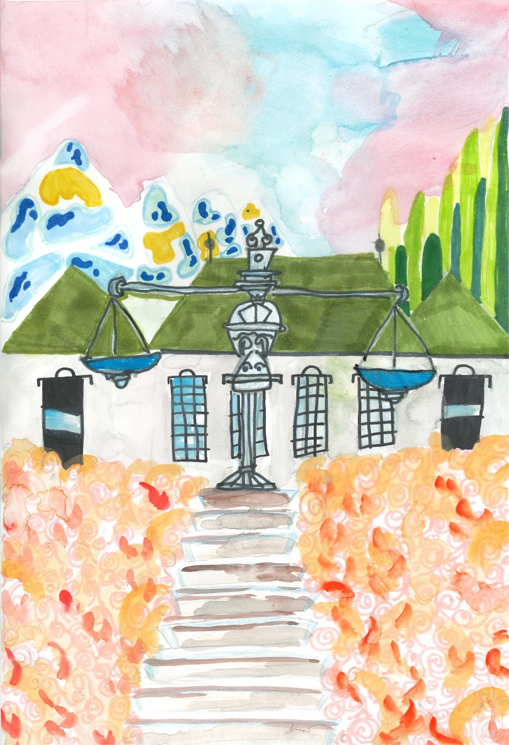 A depiction of the Supreme Court building in watercolour and marker. A large set of scales sits at the top of the stairs in front of the building and orange waves of colour decorate the lawn in front of the Court.