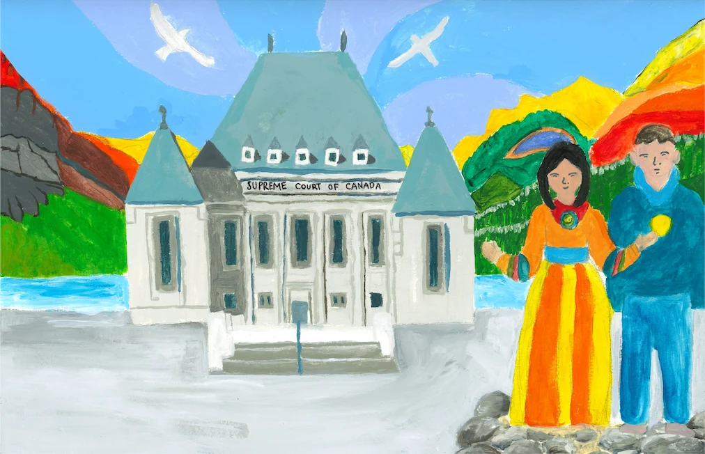 A painted depiction of the Supreme Court building. 2 people in traditional Indigenous clothing stand in front of the building. Behind the building, there are colourful mountains and birds in the sky.
