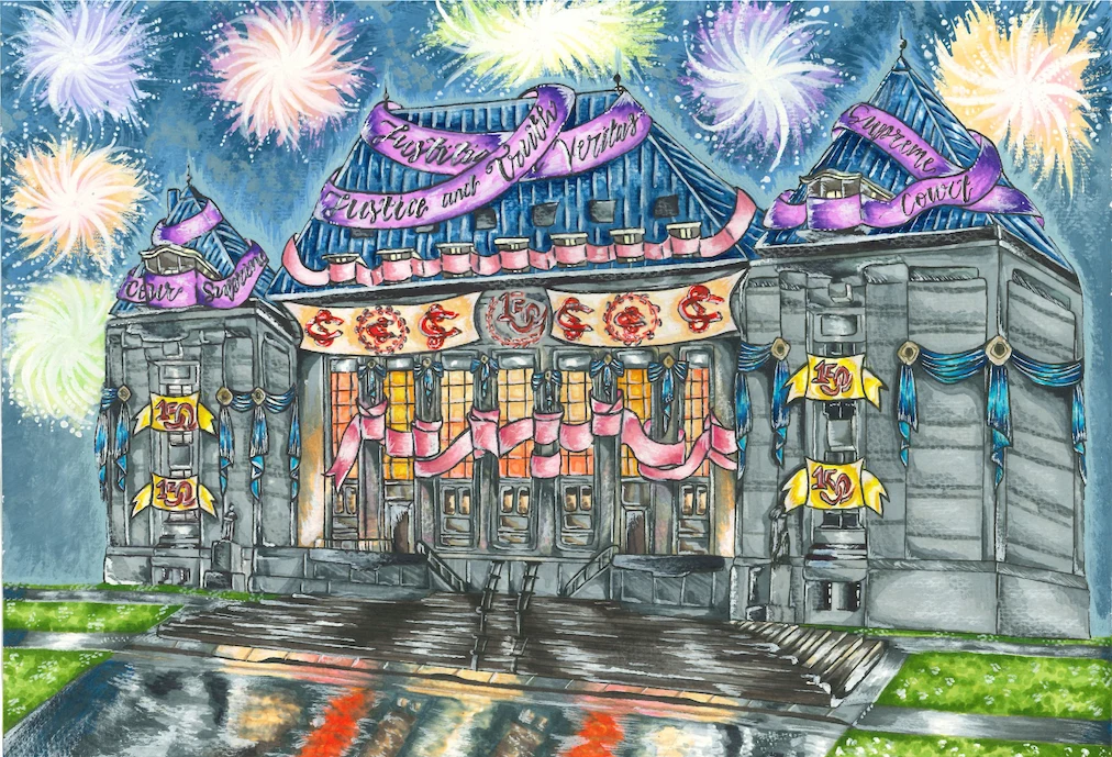 A depiction of the Supreme Court building in coloured pencil and ink. The building is reflected on the wet pavement in front of it. Banners decorate the building and fireworks appear in the sky above it.