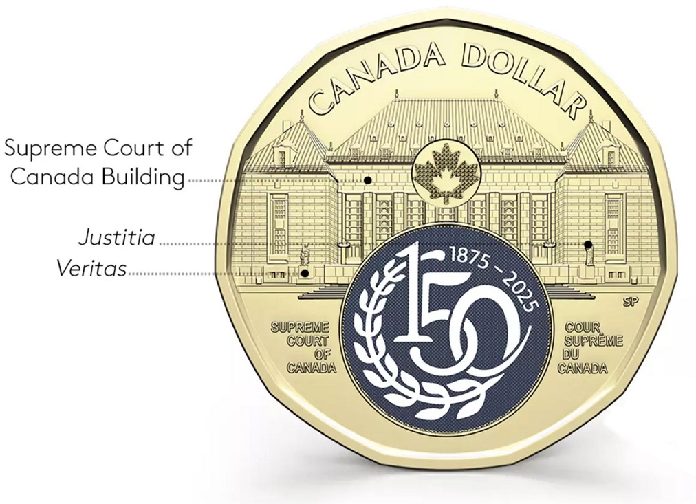 A diagram of the commemorative coin with the building and the statues Justicia and Veritas indicated with labels