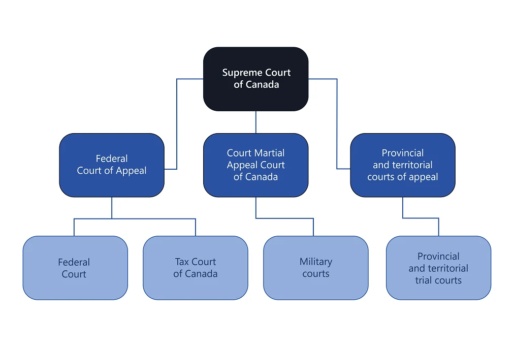 A pyramid showing how cases come to the Supreme Court of Canada. At the top of the pyramid is the Supreme Court of Canada. On the second tier of the pyramid, feeding into the Supreme Court of Canada, is the Federal Court of Appeal, the Court Martial Appeal Court of Canada and the provincial and territorial courts of appeal. On the bottom of the pyramid is the Federal Court, the Tax Court of Canada, military courts and provincial and territorial trial courts.