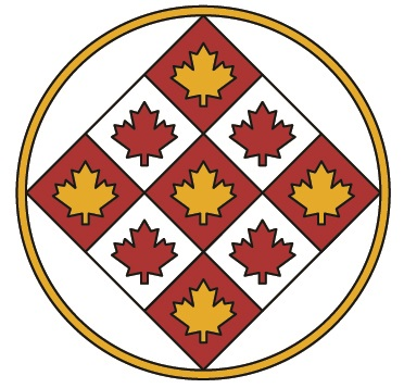 Nine maple leaves in a diamond pattern inside a circle